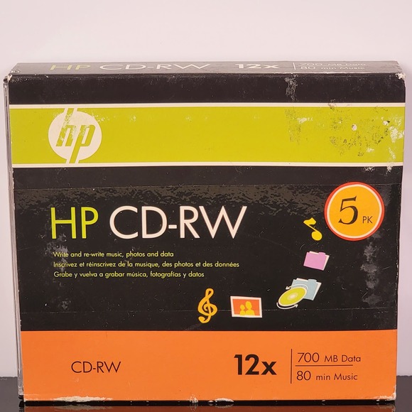 HP CD-RW 12x ReWritable Blank Disc‎ Media 700MB 5 Count With Slim Jewel Case New - Picture 1 of 2